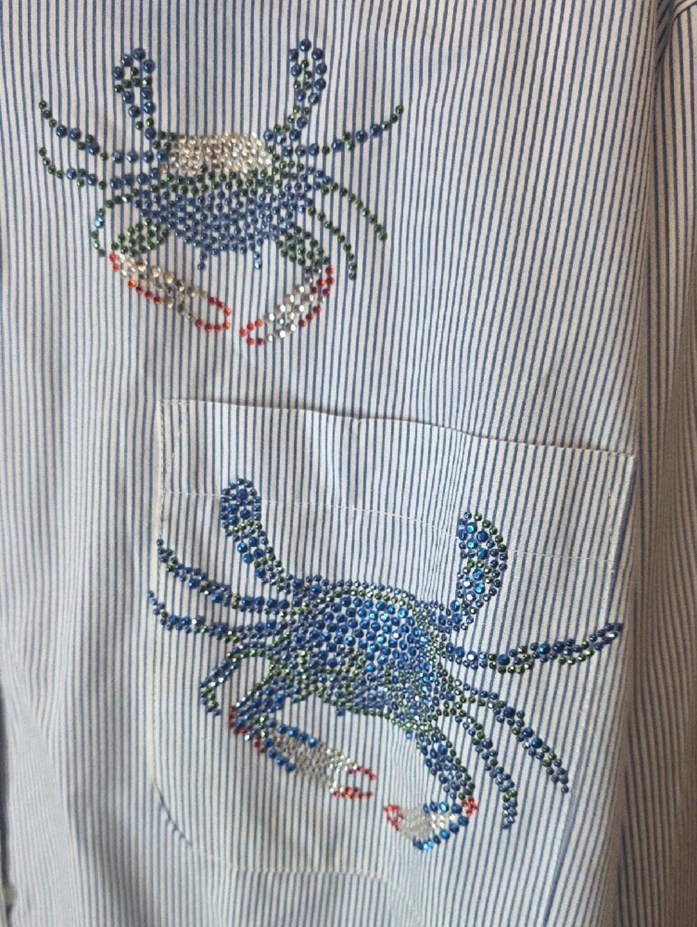 Unbranded Light Blue Striped Women's Button-Up Blouse with Crab Embroidery - Picture 2 of 7